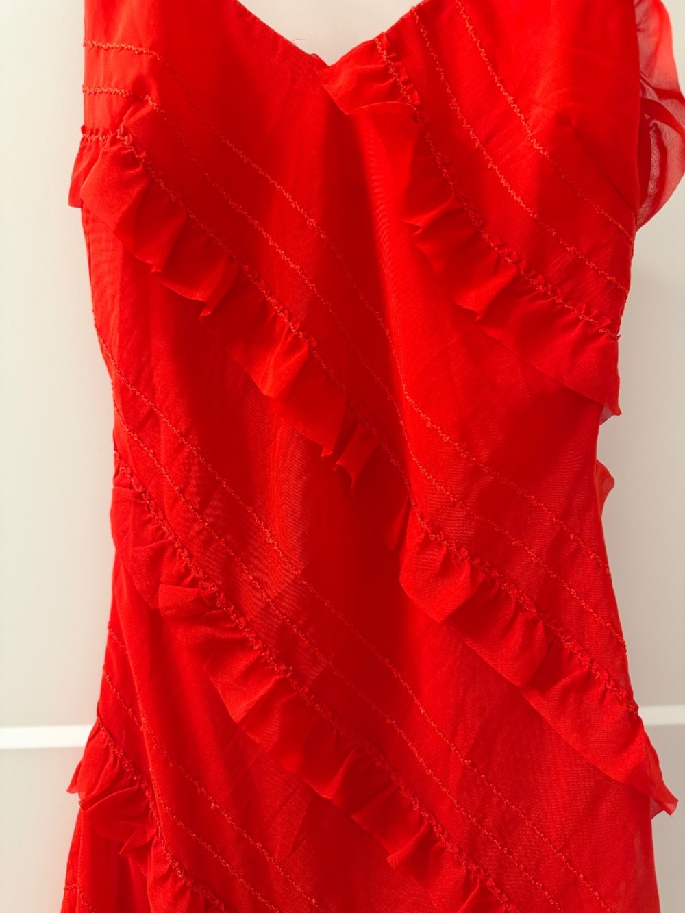 Red Ruffle Mini Dress | Spaghetti Straps | Asymmetric Detail